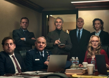 DON'T LOOK UP (L to R) JONAH HILL as JASON ORLEAN, PAUL GUILFOYLE as GENERAL THEMES, MARK RYLANCE as PETER ISHERWELL, MERYL STREEP as PRESIDENT JANIE ORLEAN. Cr. NIKO TAVERNISE/NETFLIX © 2021