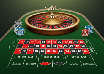 Vector realistic casino roulette table, wheel and black,red, blue chips isolated on green background