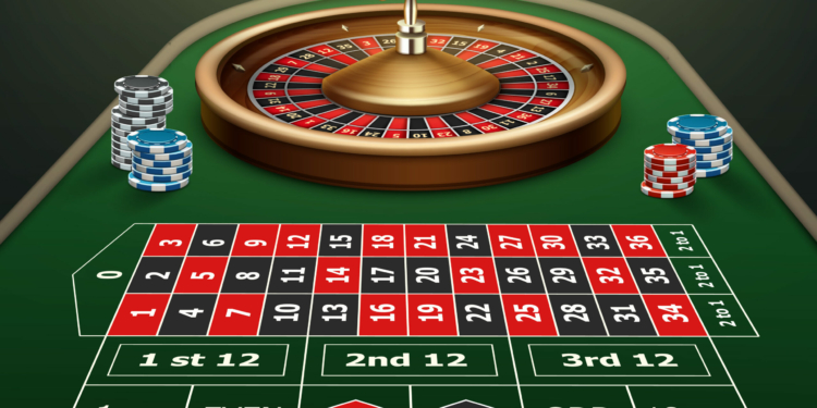 Vector realistic casino roulette table, wheel and black,red, blue chips isolated on green background