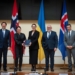 Botschafter Frank Büchel, Cecilie Myrseth, Ministerin für Handel und Industrie, Norwegen, Yuliia Svyrydenko, Erste Premierministerin und Wirtschaftsministerin, Ukraine, Logi Einarsson, Minister für Kultur, Innovation und höhere Bildung, Island, Jacques Gerber, Delegierter des Schweizer Bundesrats für die Ukraine.