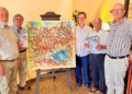 Herausgeber Manfred A. Getzner, Biograf Christoph Volaucnik, Grafikerin Ingrid Kornexl, Künstler Thomas Payr und Kunstinventator Thomas E. Wanger vor dem 
großformatiges Werk 