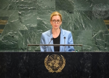Regierungschefin-Stellvertreterin Sabine Monauni bei ihrer Ansprache vor der UNO-Generalversammlung. Bildrechte: UNO