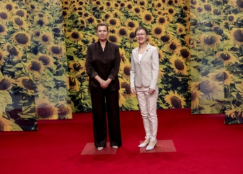 Regierungschefin Brigitte Haas auf dem roten Teppich beim Empfang durch die Premierministerin von Dänemark. (Quelle: Christian Falck Wolff)